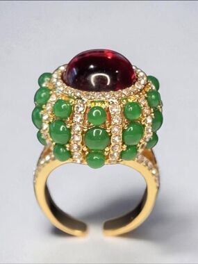 Exquisite 18k Gold Plated Byzantine Royal Emerald Ruby Glass Cabochon Ring